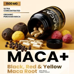 Organic Maca Root Powder Capsules 1500mg with Black+Red+Yellow Peruvian Maca Root Supplement Vegan Pills